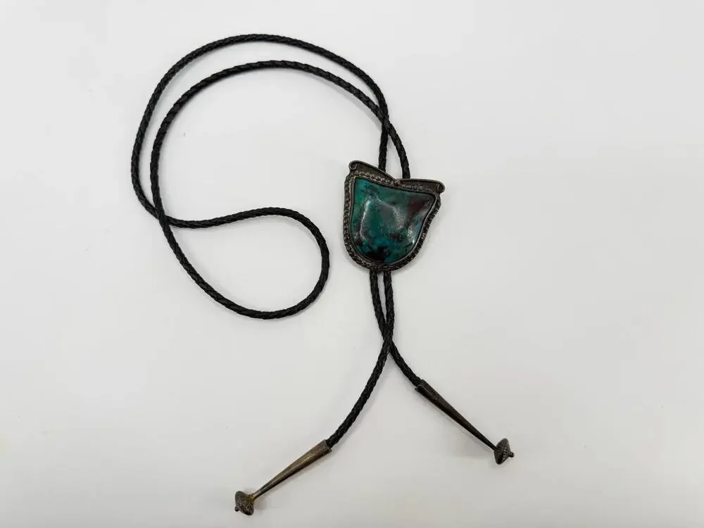 Vintage Sterling Silver Turquoise Bolo Tie Leather Cord Southwestern 59.2g
